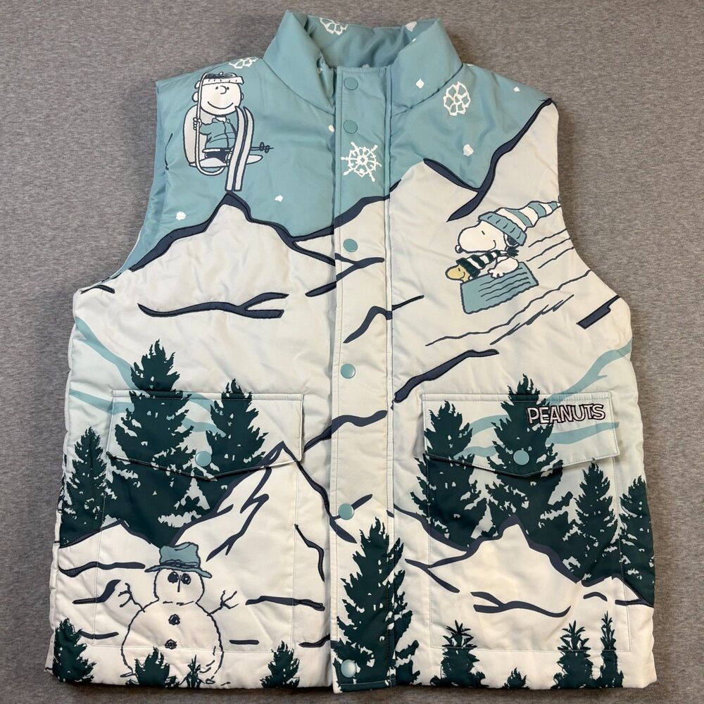 Peanuts BoxLunch Snoopy Winter Puffer Vest SM Blue Ski Ice Skate 2025 Adult